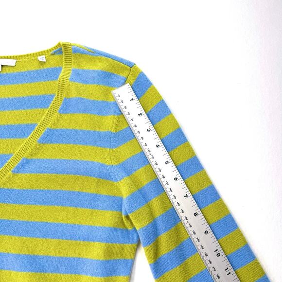 VINCE 100% Cashmere Sweater Womens Large Blue Green Striped V-Neck Luxury Knit - Picture 6 of 11